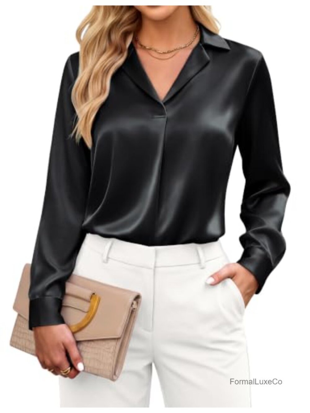 Satin Collar Long Sleeve Business Casual Blouse